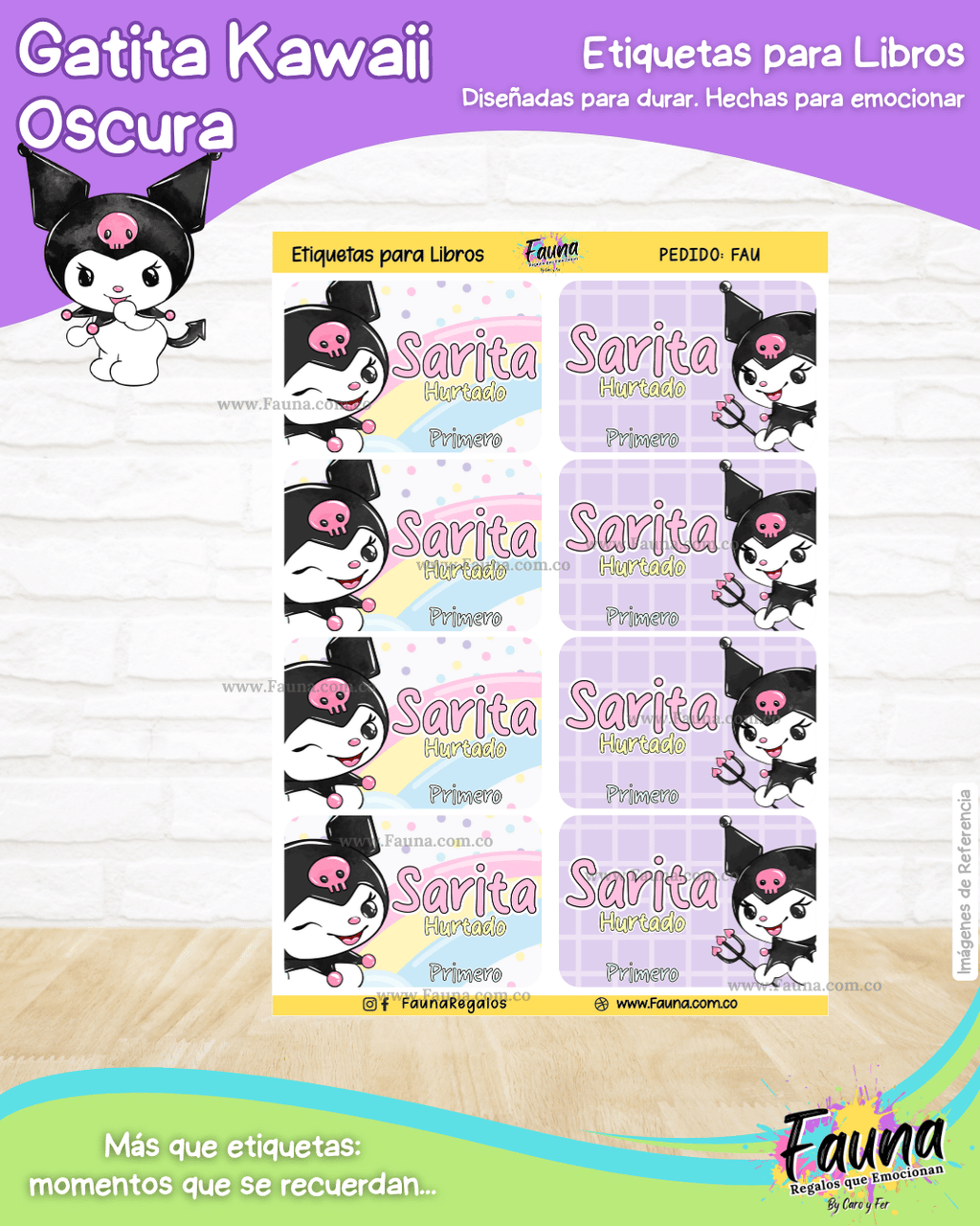 Gatita Kawaii Oscura 💜 - Etiquetas Escolares Premium Personalizadas