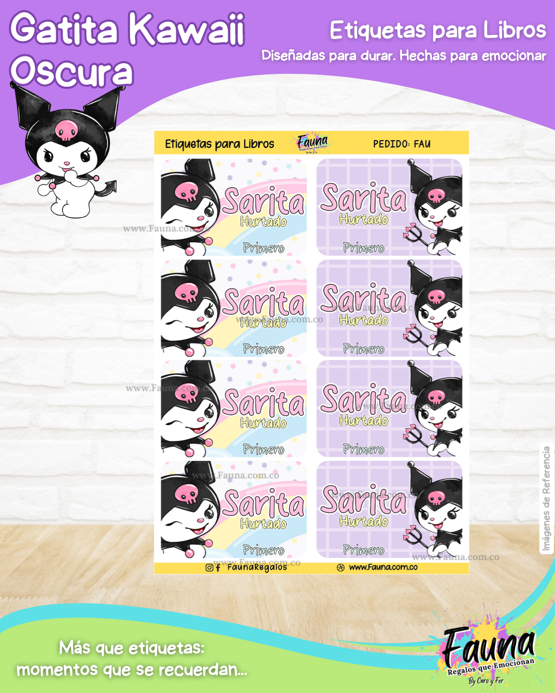 Gatita Kawaii Oscura 💜 - Etiquetas Escolares Premium Personalizadas