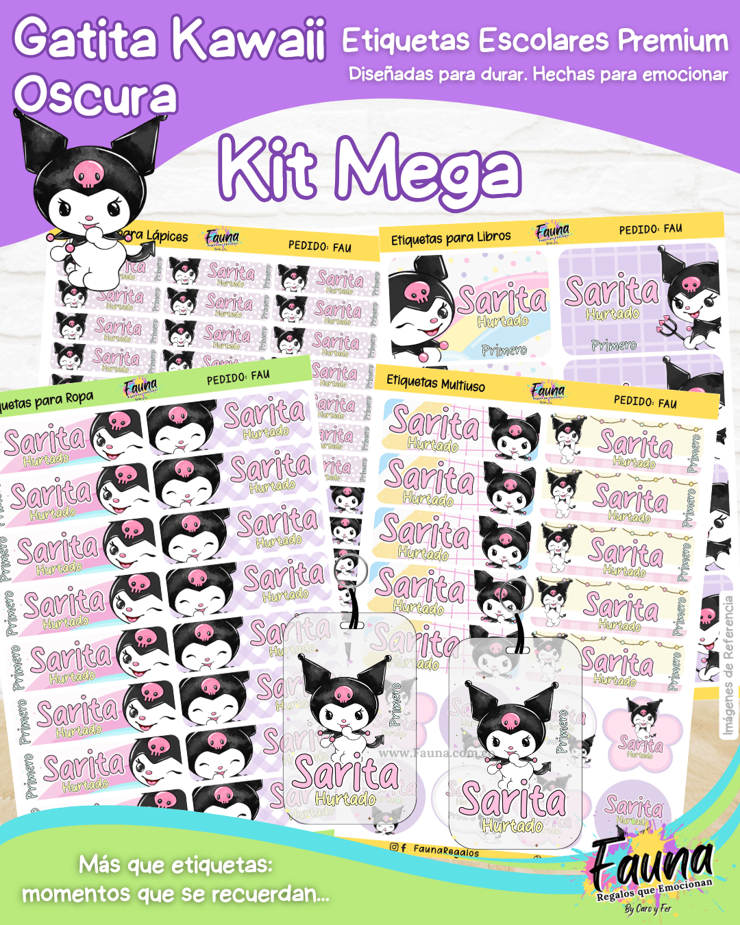 Gatita Kawaii Oscura 💜 - Etiquetas Escolares Premium Personalizadas