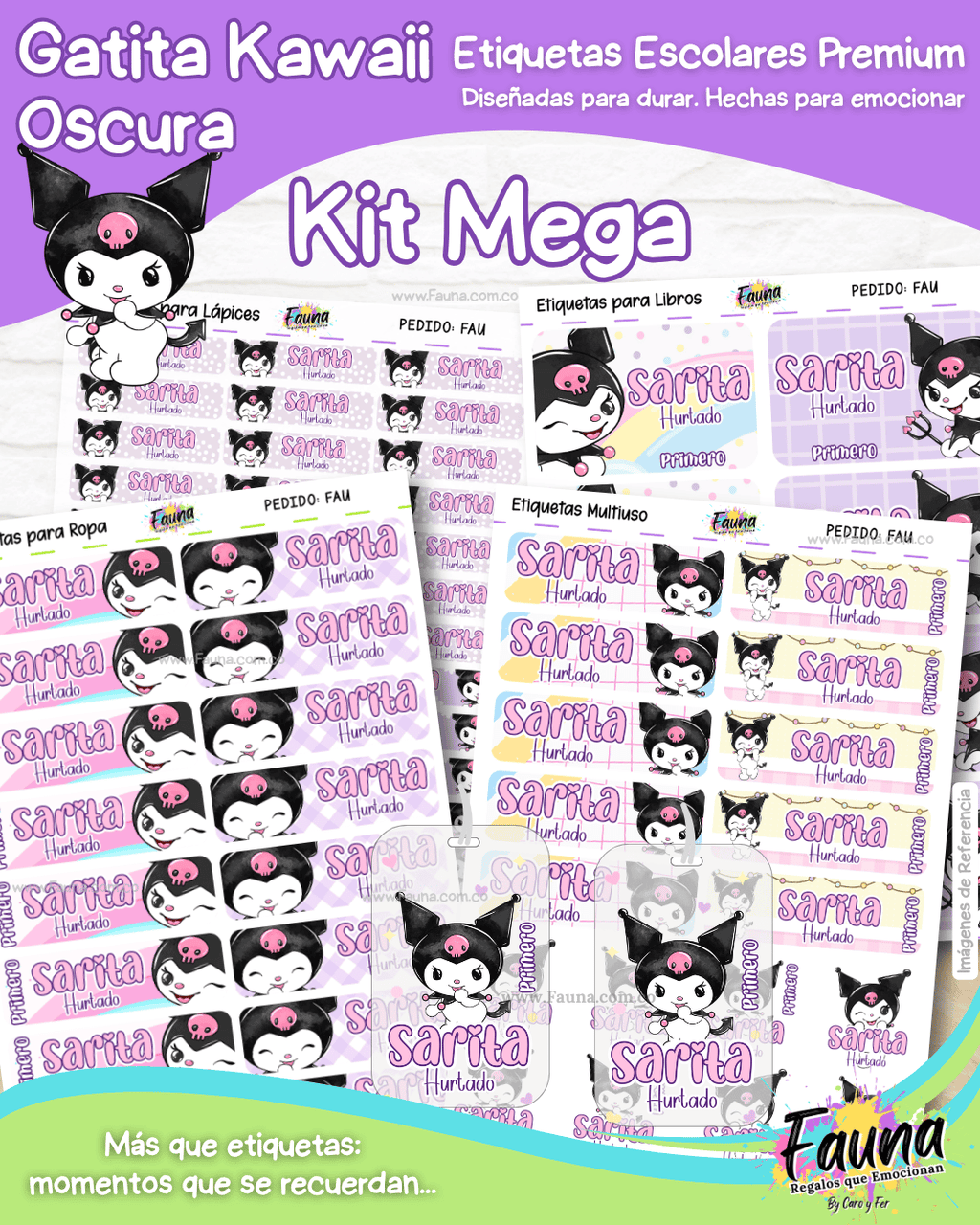 Gatita Kawaii Oscura 💜 - Etiquetas Escolares Premium Personalizadas