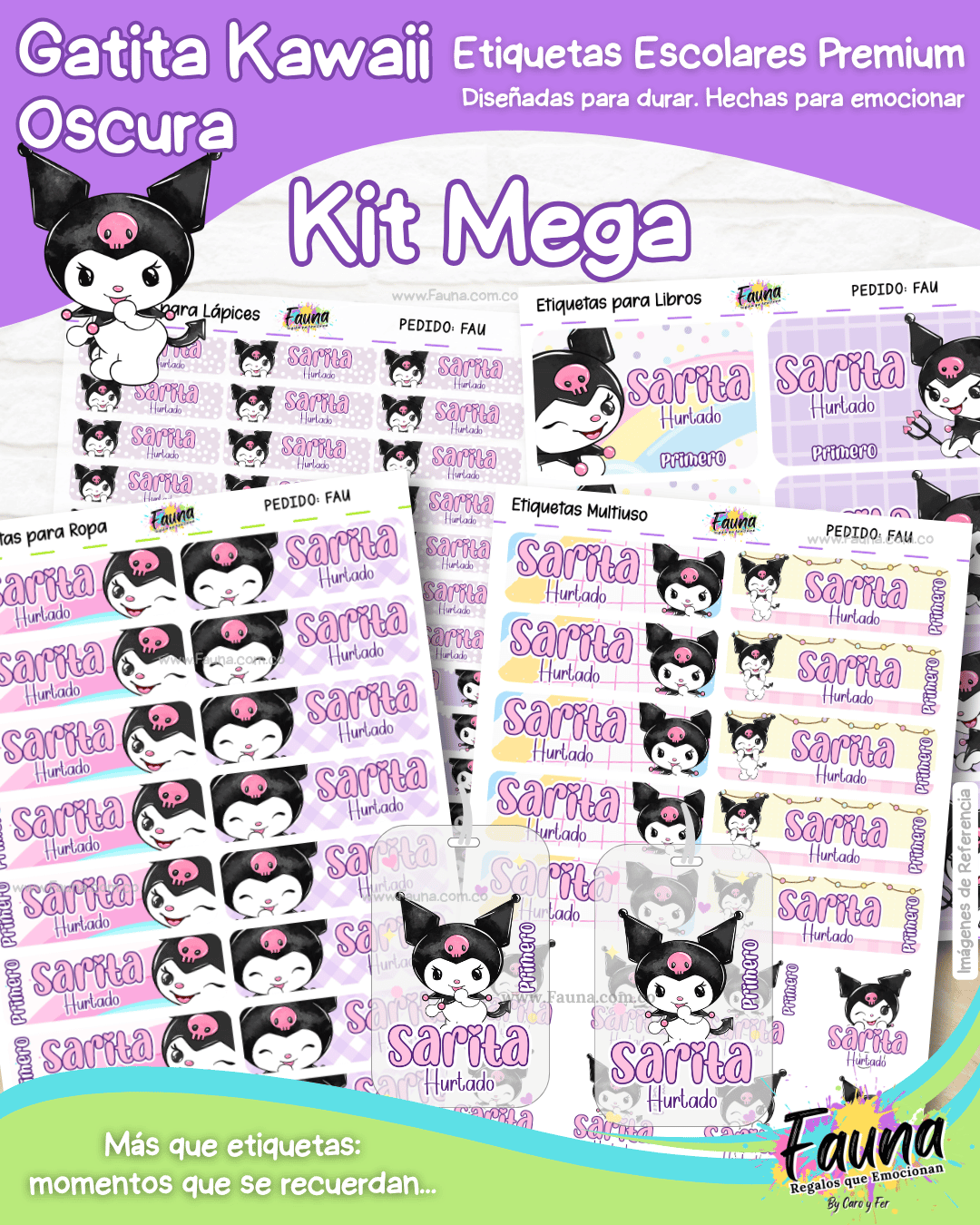 Gatita Kawaii Oscura 💜 - Etiquetas Escolares Premium Personalizadas