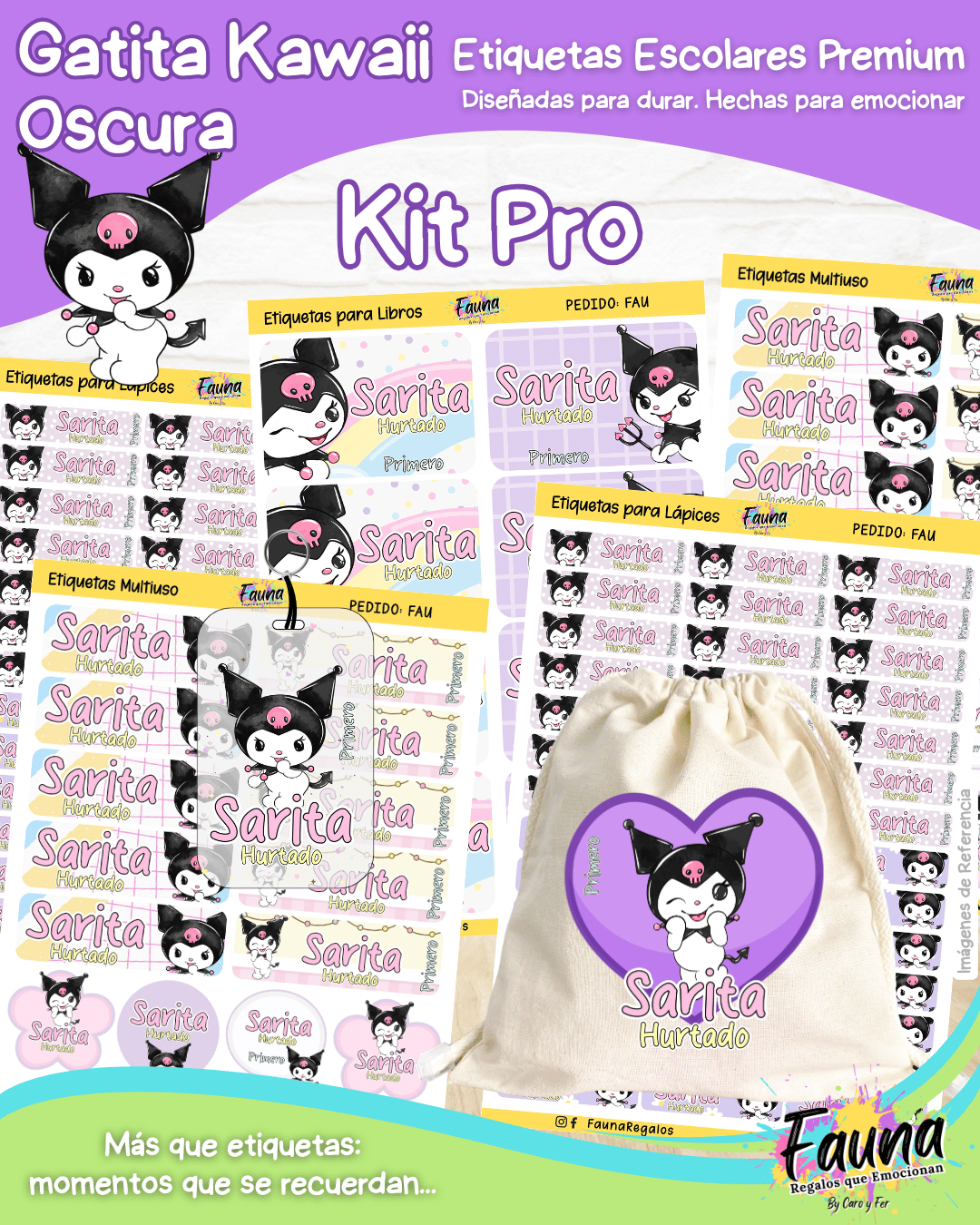 Gatita Kawaii Oscura 💜 - Etiquetas Escolares Premium Personalizadas