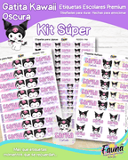 Gatita Kawaii Oscura 💜 - Etiquetas Escolares Premium Personalizadas