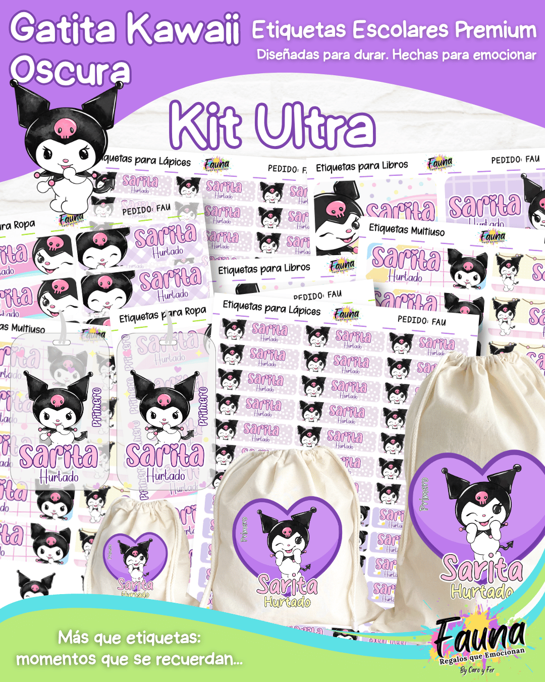 Gatita Kawaii Oscura 💜 - Etiquetas Escolares Premium Personalizadas