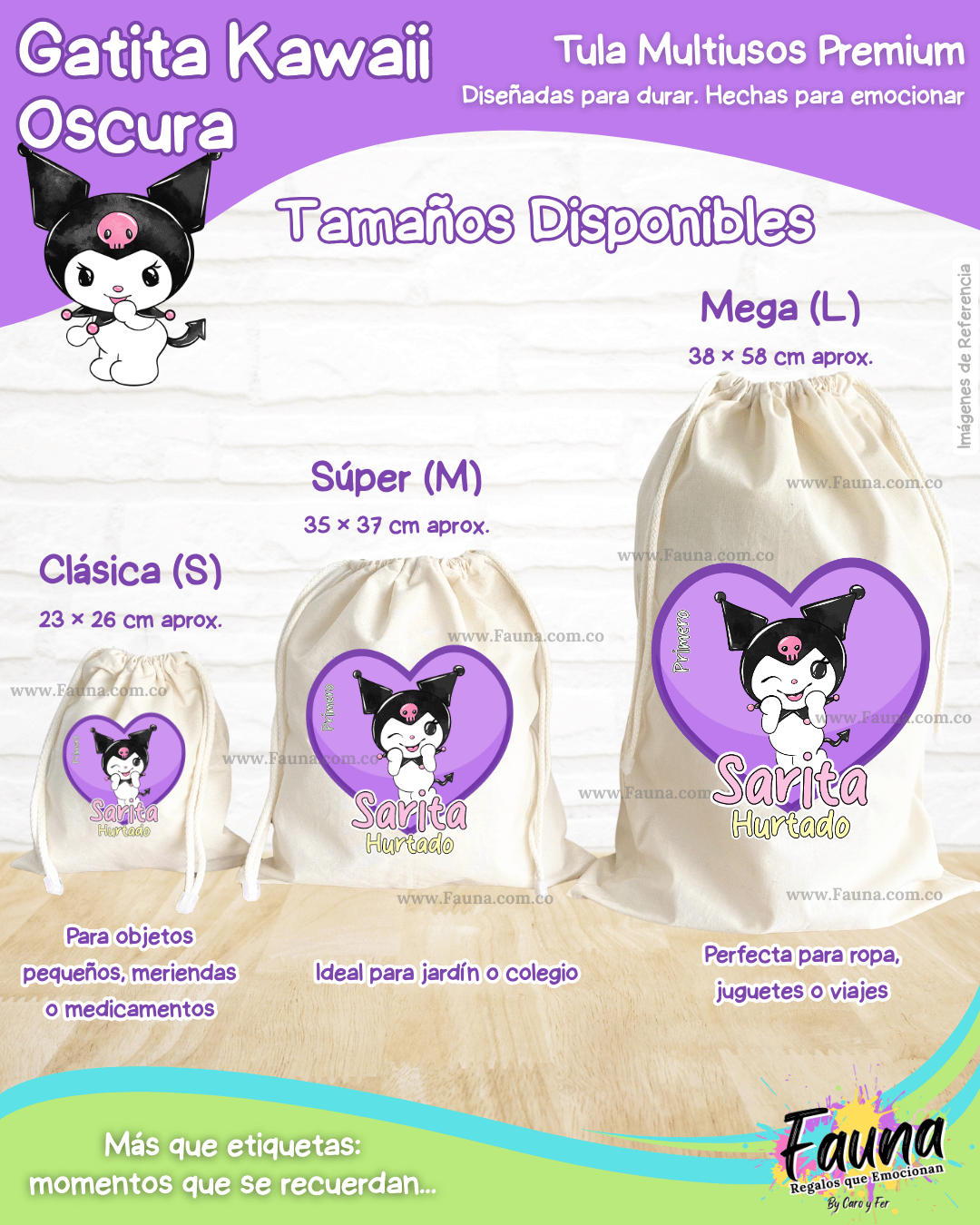Gatita Kawaii Oscura 💜 - Tula personalizada para niña – multiusos con nombre