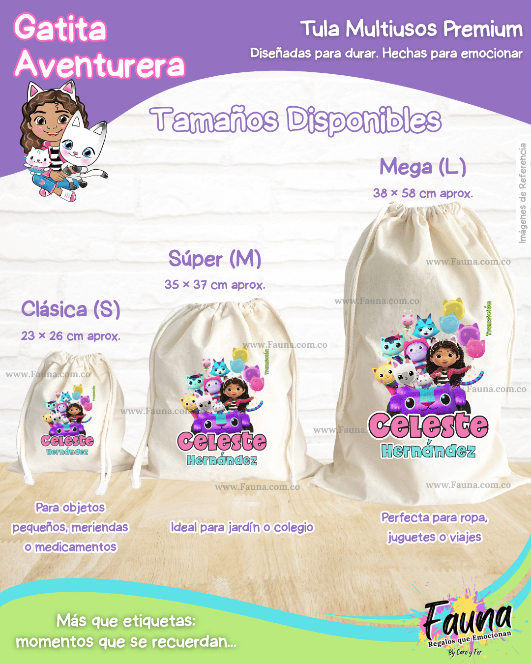 Gatita Aventurera 🏡 - Tula personalizada para niña – multiusos con nombre