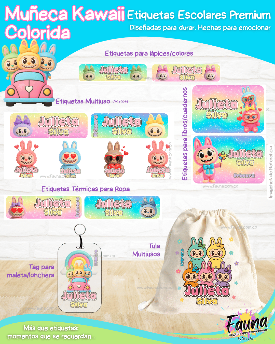 Muñeca Kawaii Colorida 🌈 - Etiquetas Escolares Premium Personalizadas