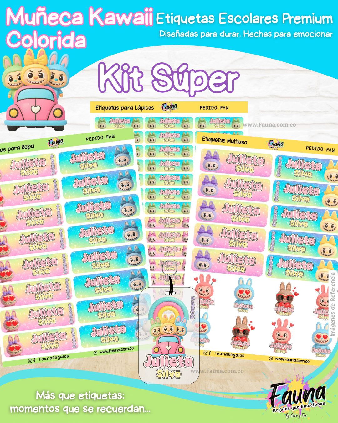 Muñeca Kawaii Colorida 🌈 - Etiquetas Escolares Premium Personalizadas