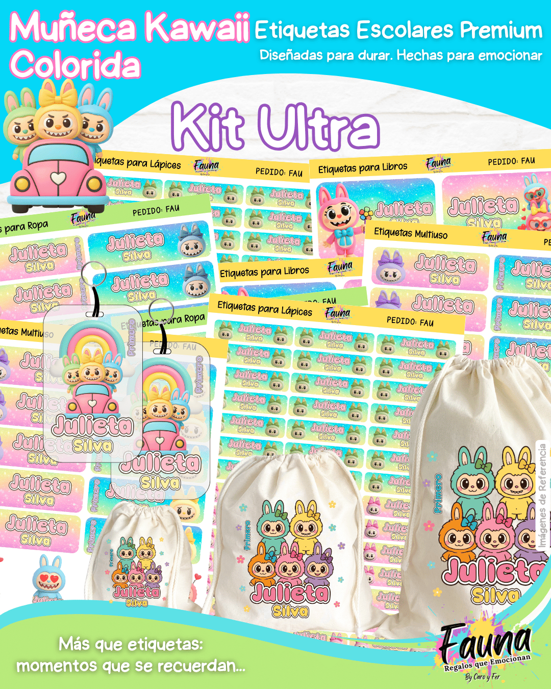 Muñeca Kawaii Colorida 🌈 - Etiquetas Escolares Premium Personalizadas