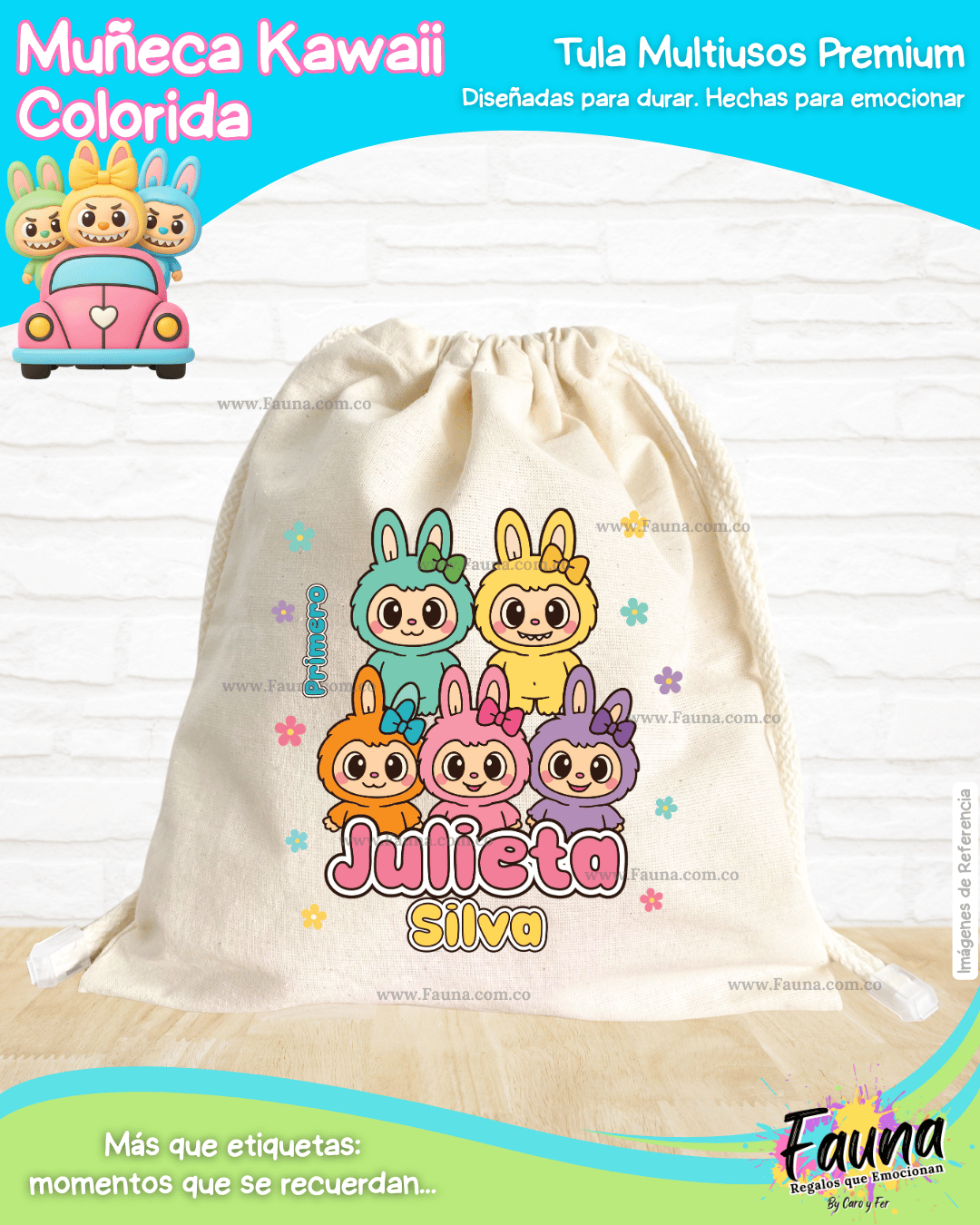 Muñeca Kawaii Colorida 🌈 - Tula personalizada para niña – multiusos con nombre