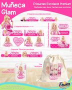 Muñeca Glam 🩷 - Etiquetas Escolares Premium Personalizadas