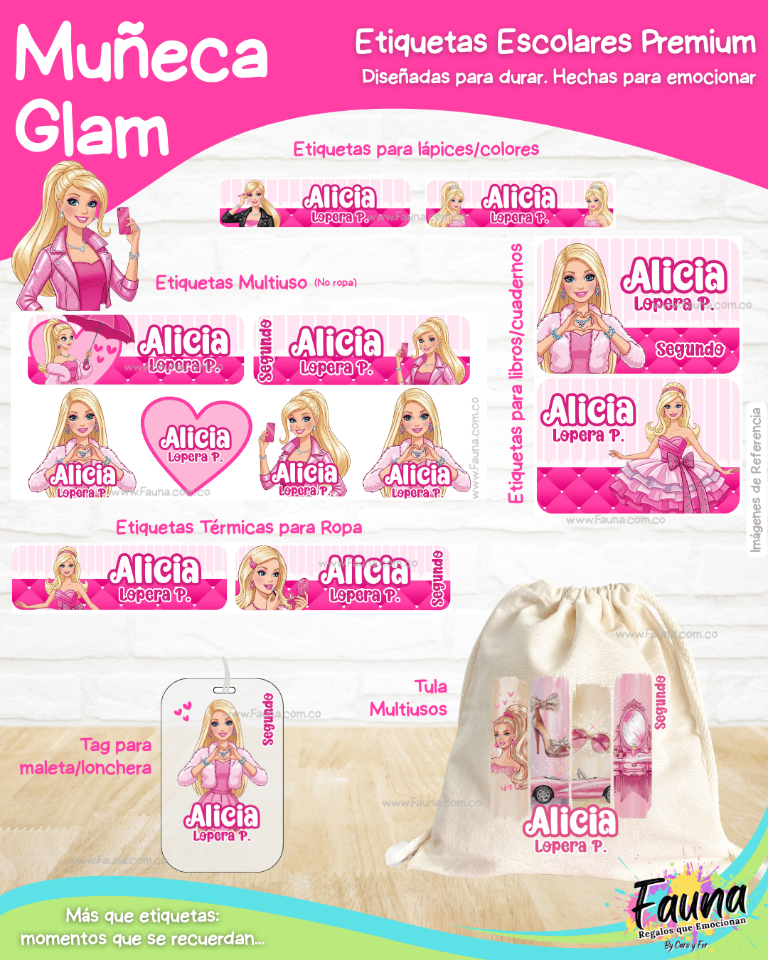 Muñeca Glam 🩷 - Etiquetas Escolares Premium Personalizadas
