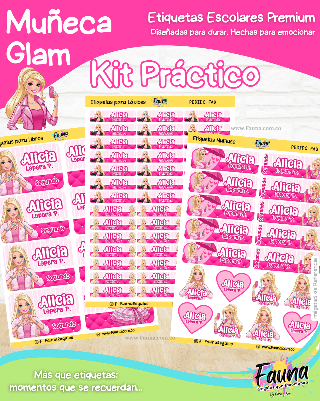 Muñeca Glam 🩷 - Etiquetas Escolares Premium Personalizadas