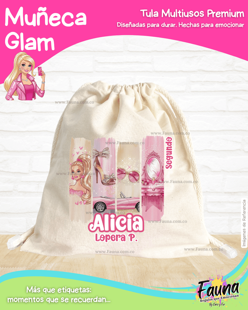 Muñeca Glam 🩷 - Tula personalizada para niña – multiusos con nombre