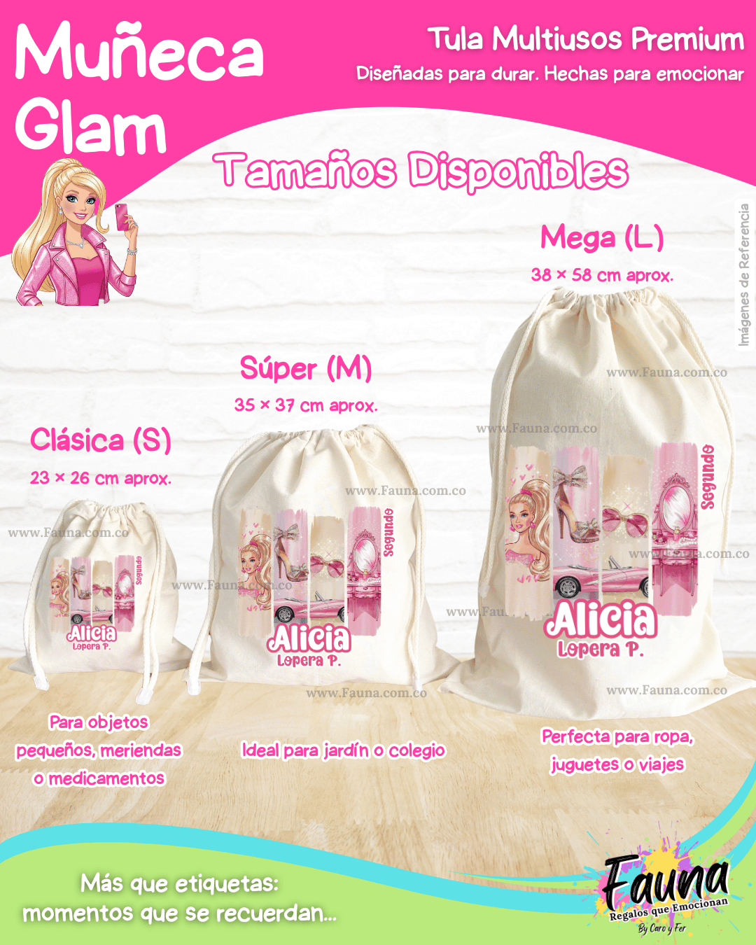 Muñeca Glam 🩷 - Tula personalizada para niña – multiusos con nombre