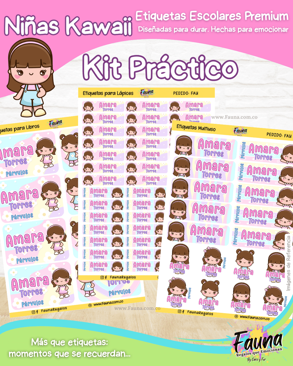 Niñas Kawaii 🌸 - Etiquetas Escolares Premium Personalizadas