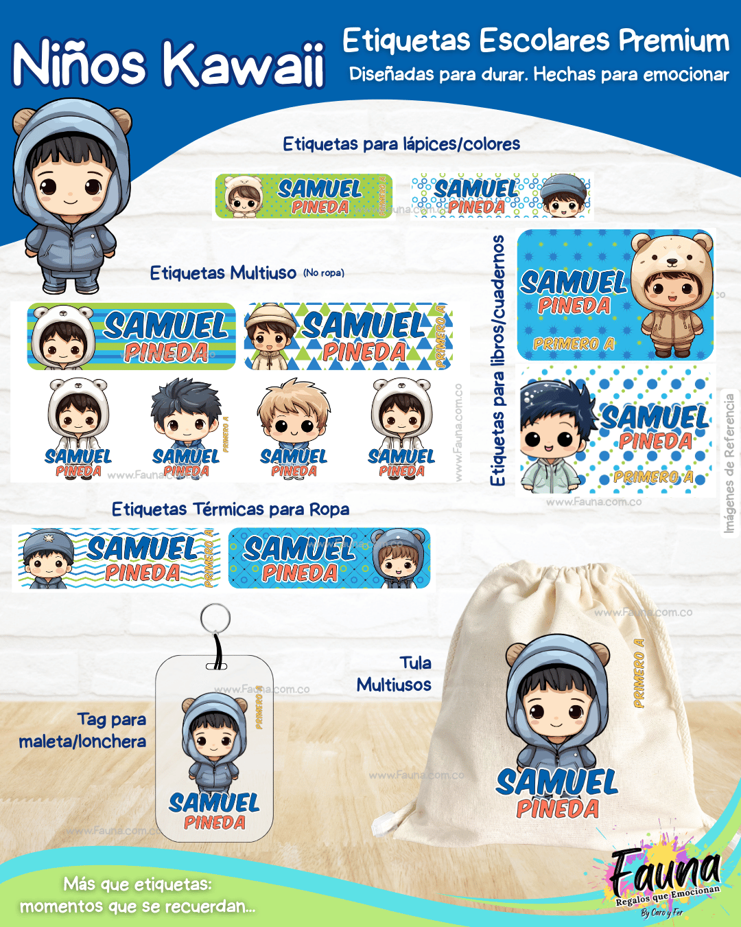 Niños Kawaii 🌟 - Etiquetas Escolares Premium Personalizadas