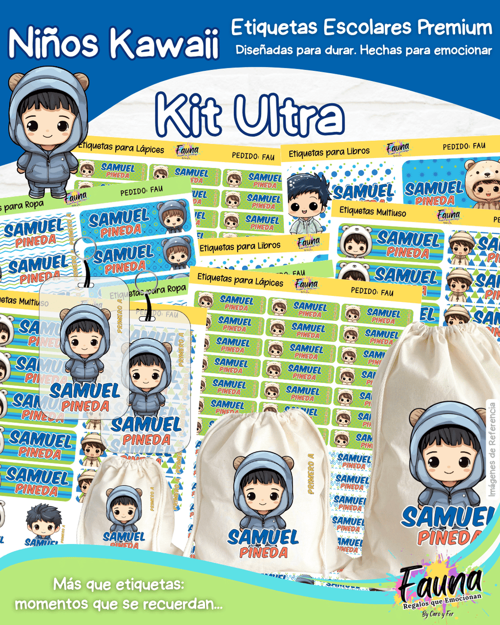 Niños Kawaii 🌟 - Etiquetas Escolares Premium Personalizadas