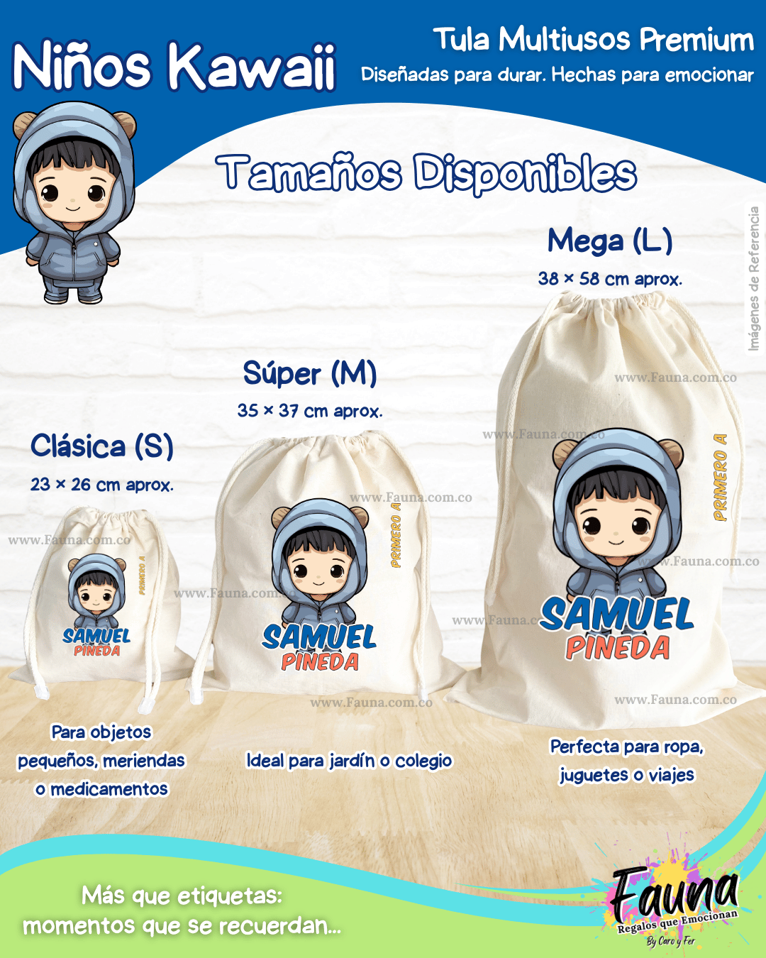 Niños Kawaii 🌟 - Tula personalizada para niño – multiusos con nombre