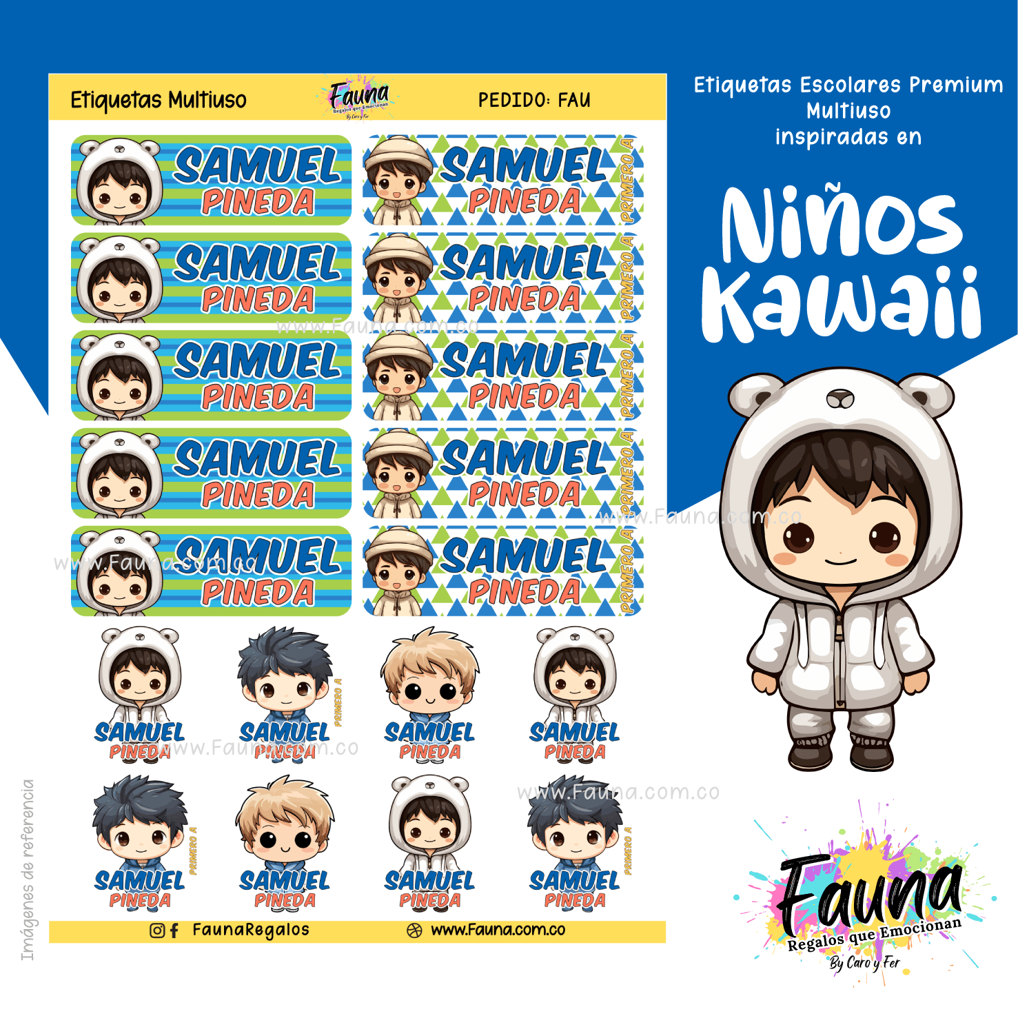 Niños Kawaii 🌟 - Etiquetas Escolares Premium Personalizadas