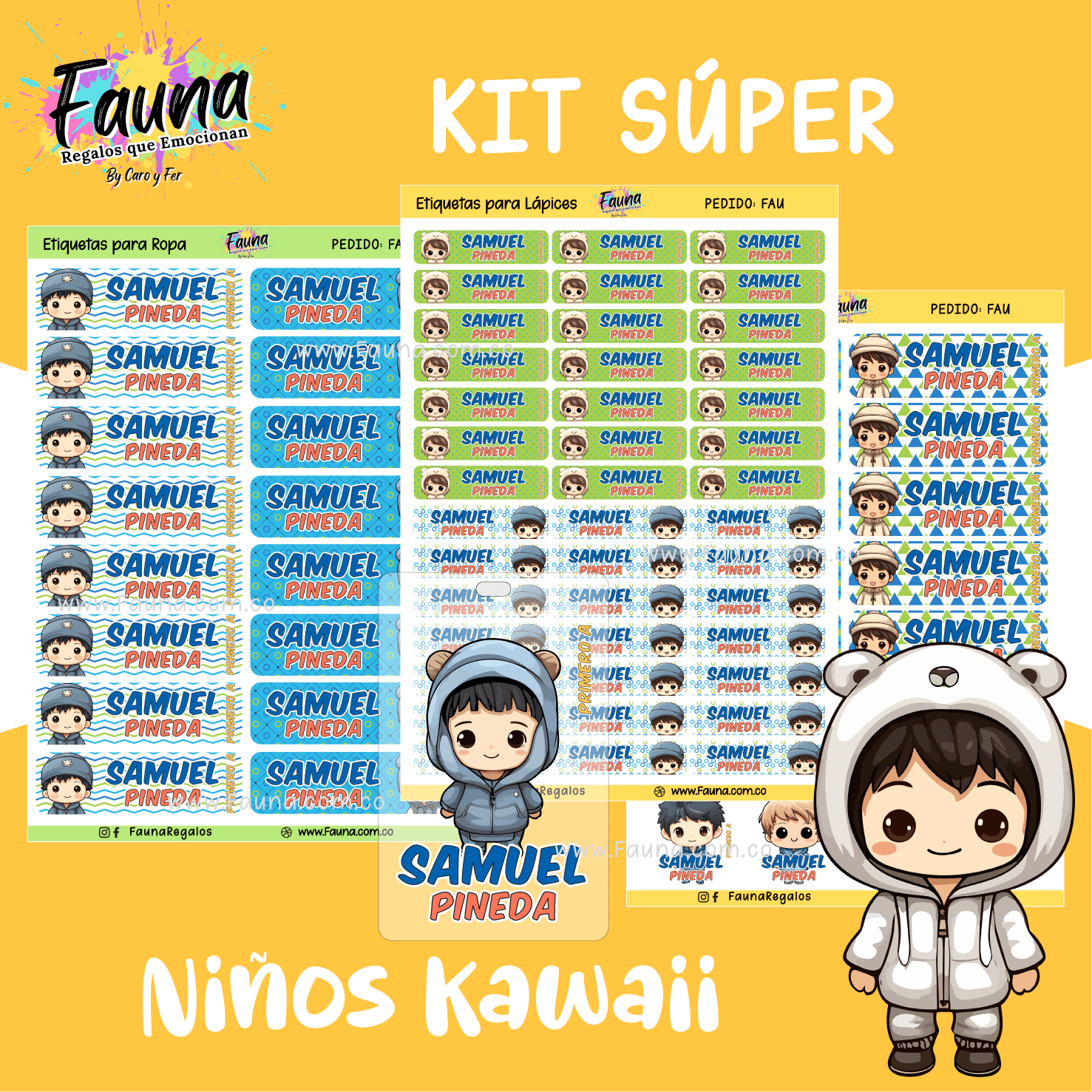 Niños Kawaii 🌟 - Etiquetas Escolares Premium Personalizadas