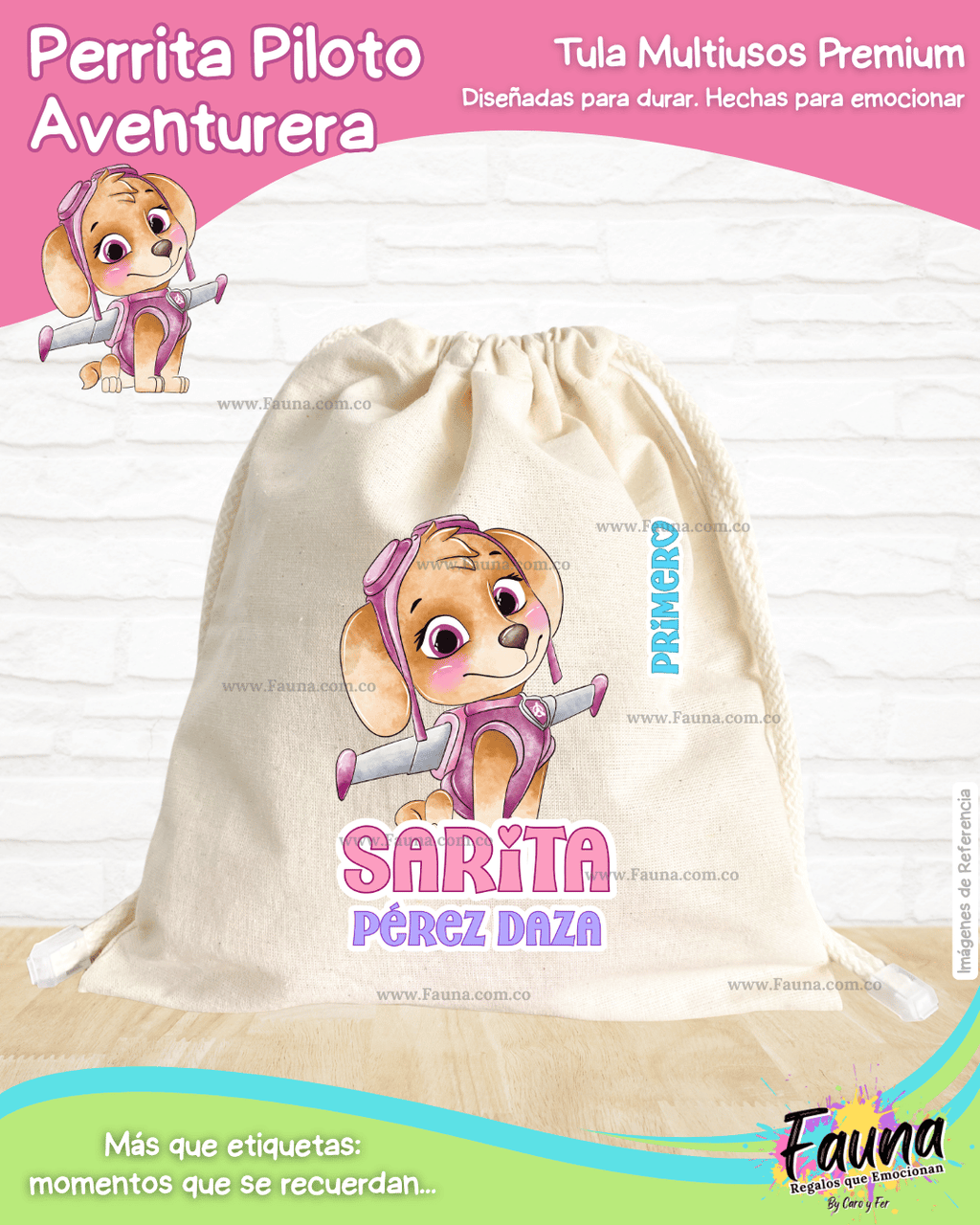 Perrita Piloto Aventurera 💗 - Tula personalizada para niña – multiusos con nombre