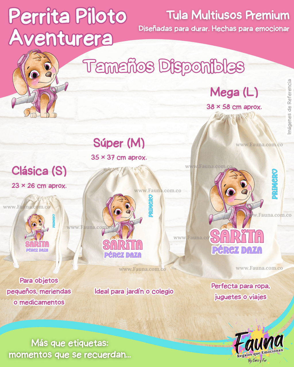 Perrita Piloto Aventurera 💗 - Tula personalizada para niña – multiusos con nombre