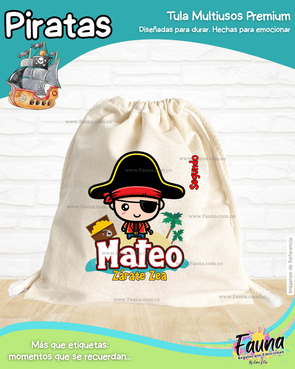 Piratas 🦜 - Tula personalizada para niño – multiusos con nombre