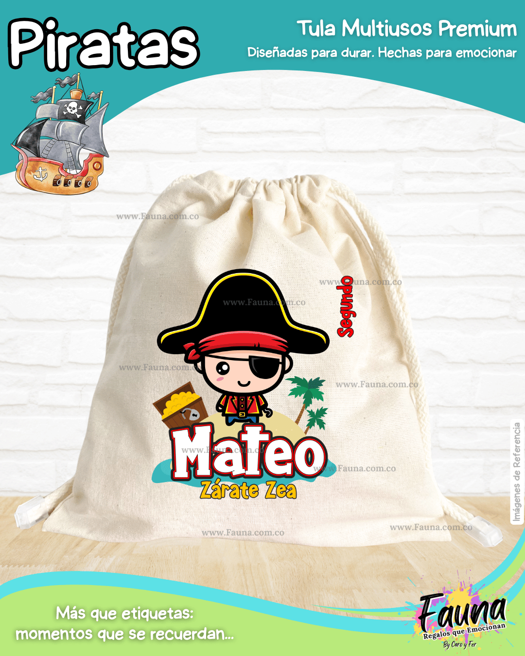 Piratas 🦜 - Tula personalizada para niño – multiusos con nombre