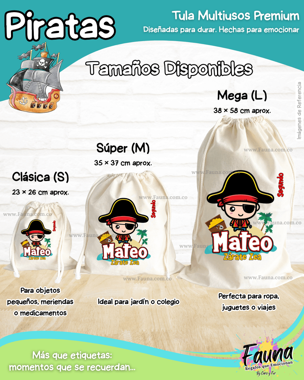 Piratas 🦜 - Tula personalizada para niño – multiusos con nombre