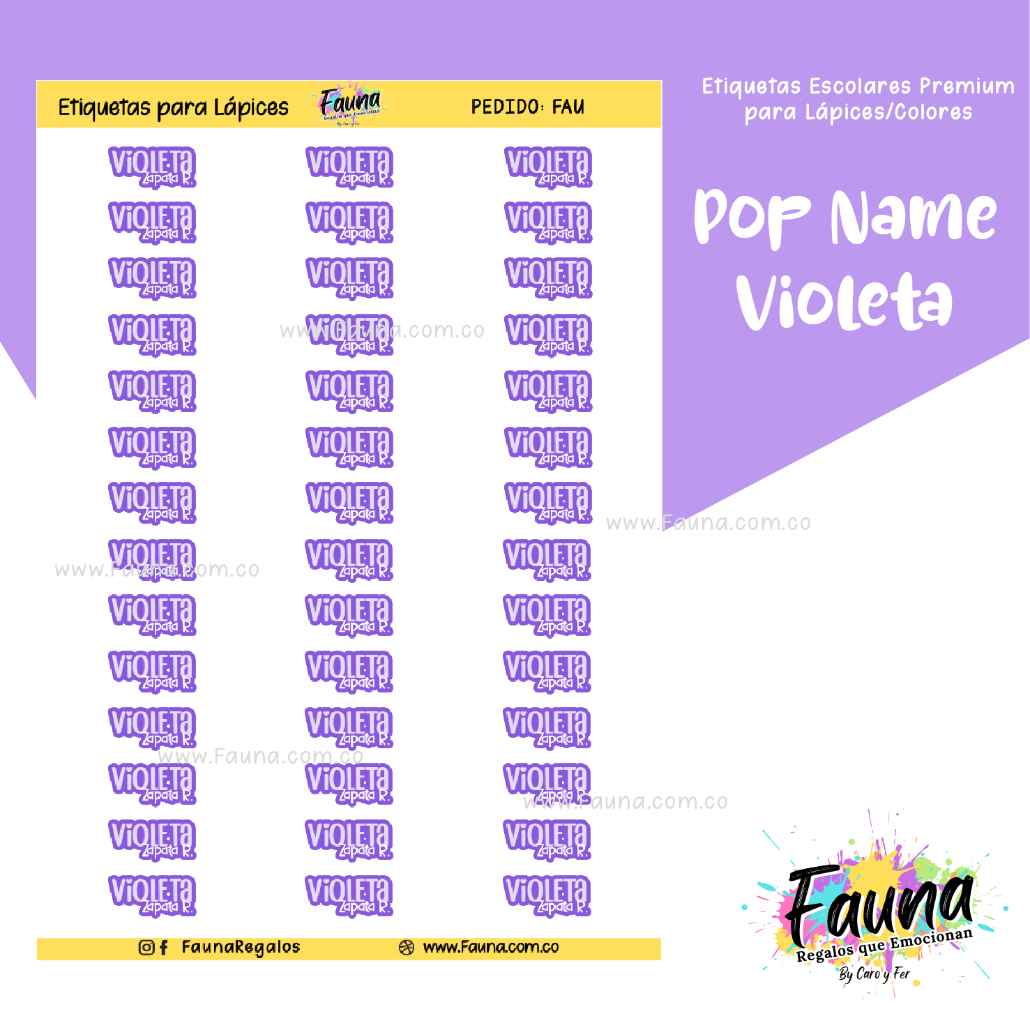 Pop Name – Violeta 💜 - Etiquetas Escolares Premium Personalizadas