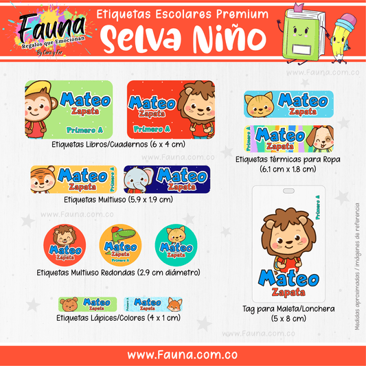 Etiquetas Escolares Premium Personalizadas – Selva Niño 🦁