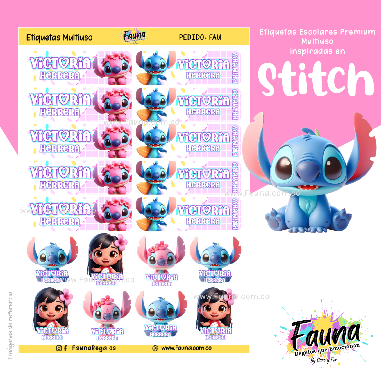 Stitch Rosa 🏝️ - Etiquetas Escolares Premium Personalizadas