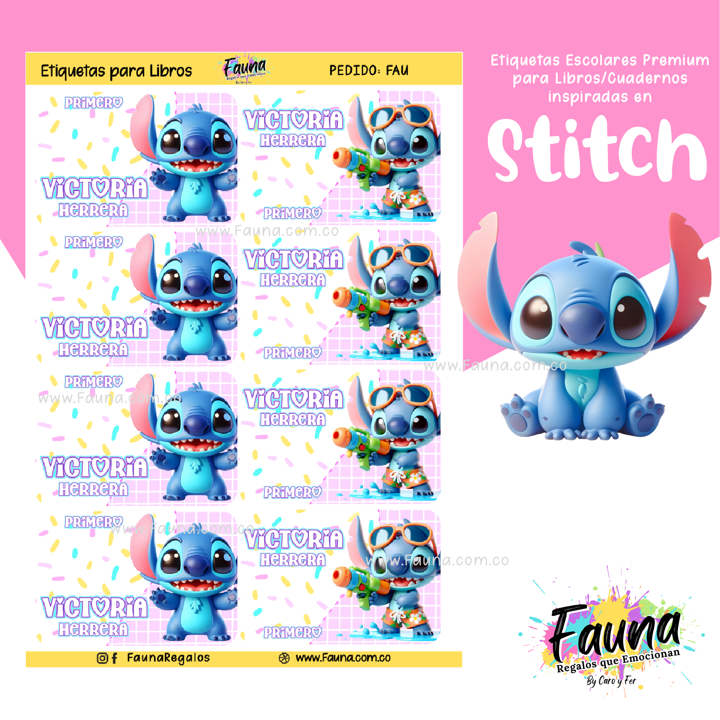 Stitch Rosa 🏝️ - Etiquetas Escolares Premium Personalizadas