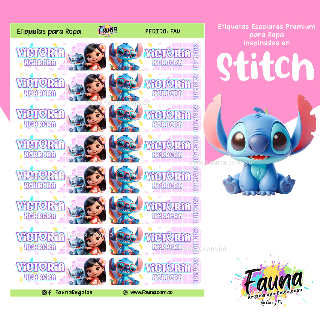 Stitch Rosa 🏝️ - Etiquetas Escolares Premium Personalizadas
