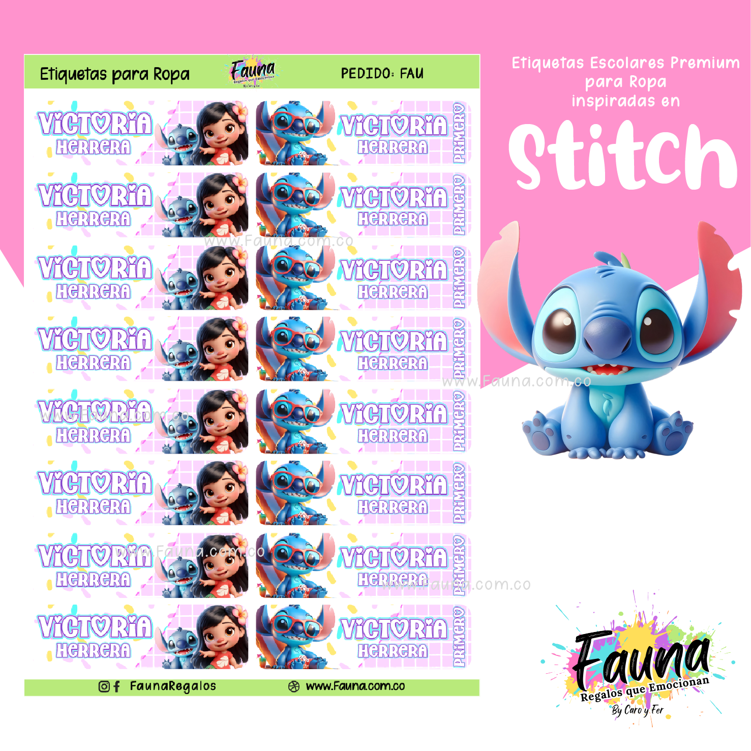 Stitch Rosa 🏝️ - Etiquetas Escolares Premium Personalizadas