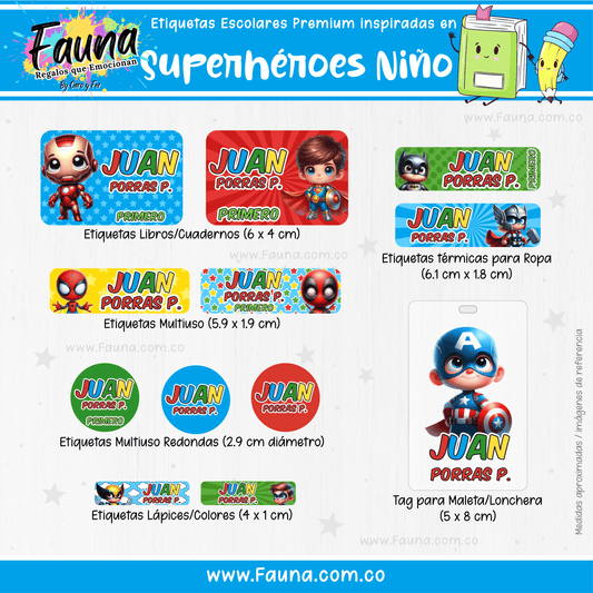 Etiquetas Escolares Premium Personalizadas – Superhéroes Niño 🦸‍♂️ - Fauna Regalos que emocionan