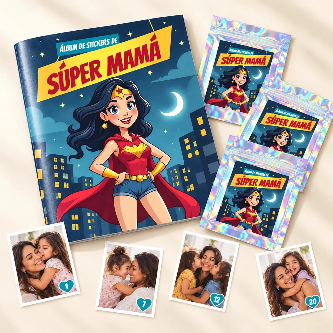 Álbum Súper Mamá con tres sobres holográficos y fotos personalizadas de mamá con sus hijos