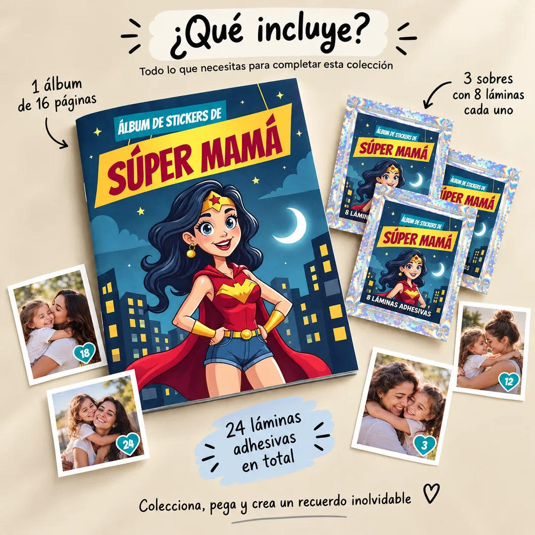 Contenido del álbum Súper Mamá: 16 páginas y 24 láminas en 3 sobres