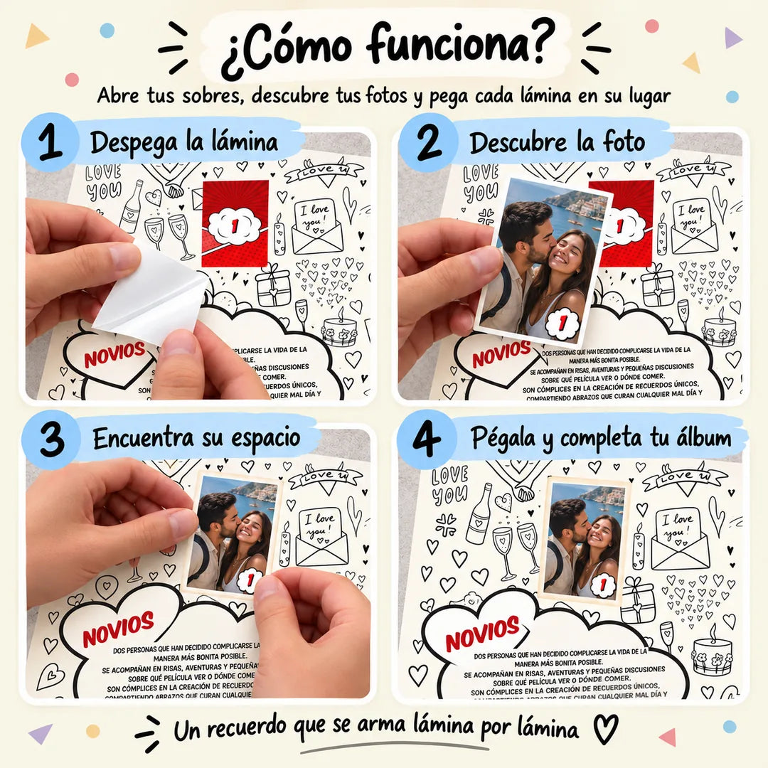 Álbum Súper Novios — como funciona