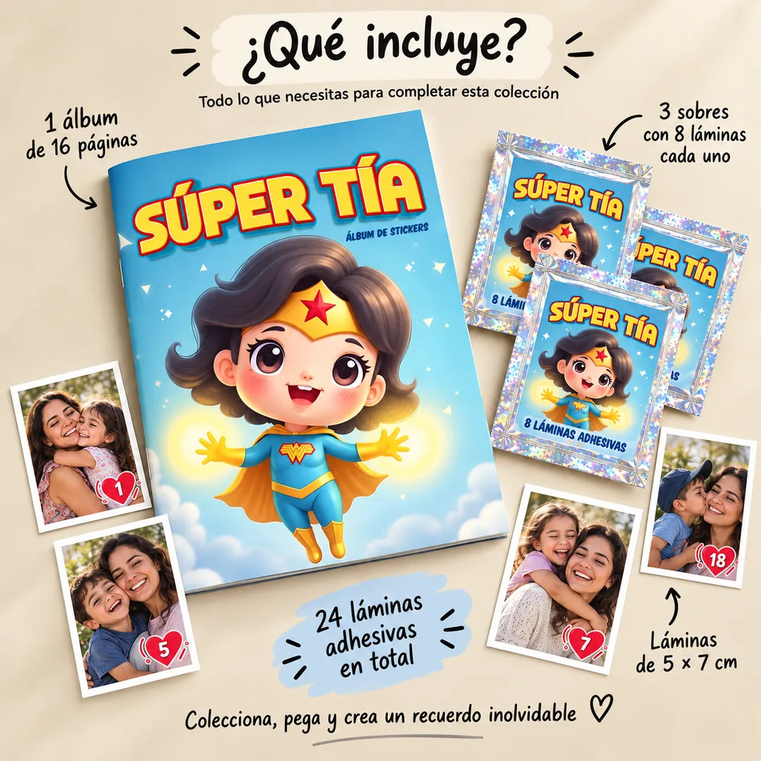 Álbum Súper Tía — Contenido: álbum de 16 páginas, 3 sobres y 24 láminas de 5 × 7 cm