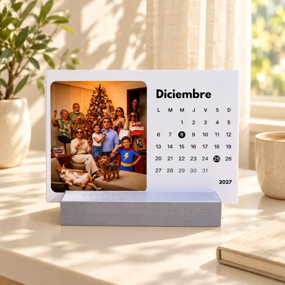 Calendario personalizado con base de PLA plateado brillante junto a una ventana