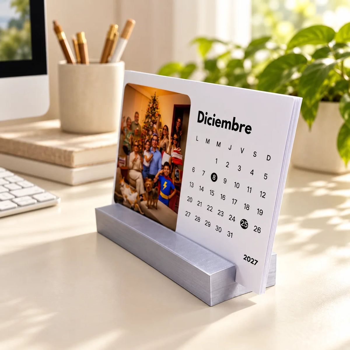 Calendario personalizado sobre base de PLA plateado brillante en escritorio