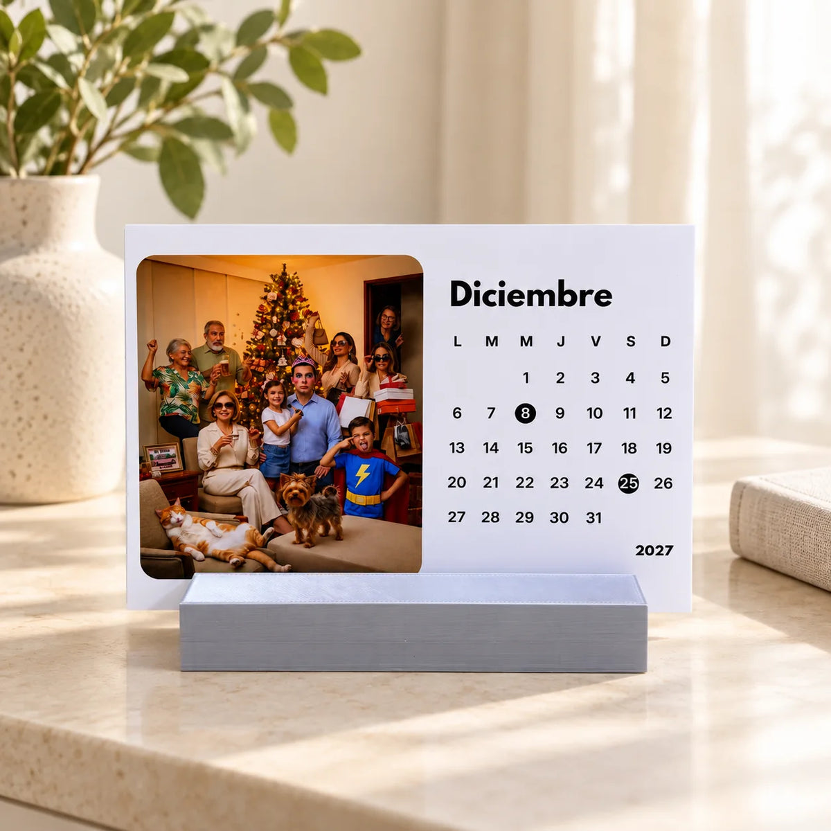 Calendario personalizado de escritorio con 12 fotos y base plateada