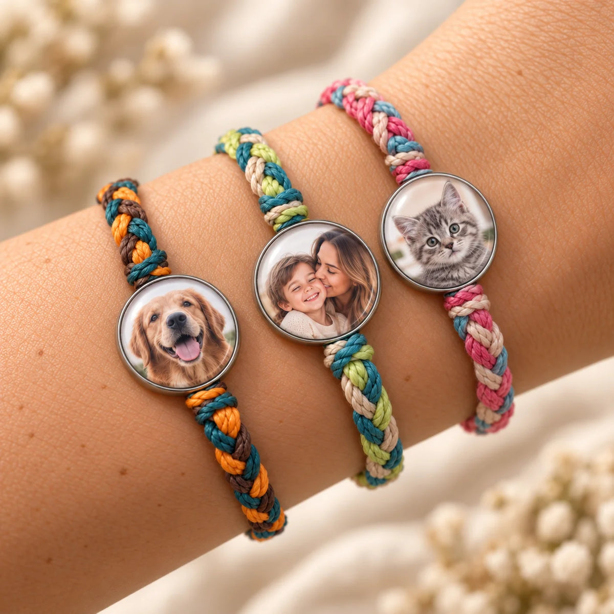 3 Pulseras Tejidas a Mano con Foto Personalizadas